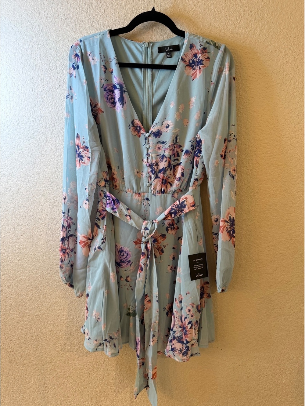 Lulus Women’s Large Long Sleeve Light Blue Floral Dress